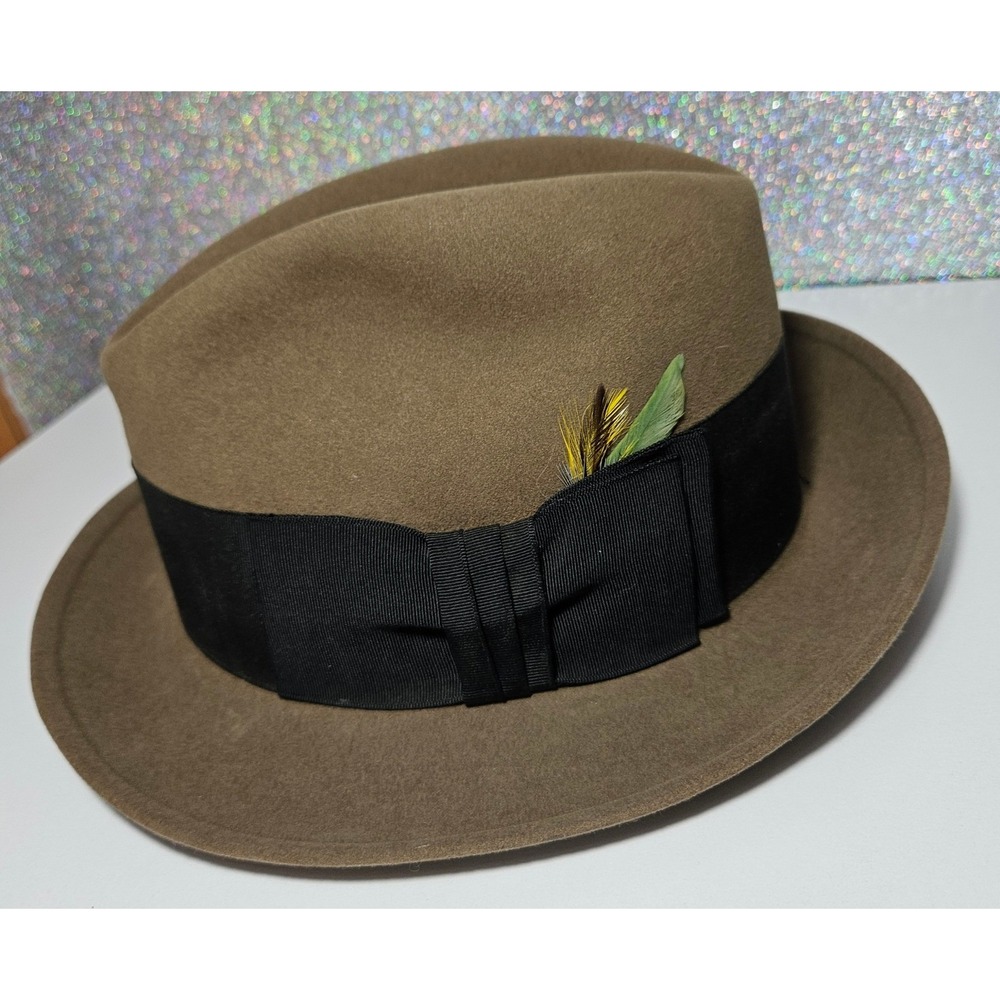DOBBS New York Men's Fedora Hat Brown Felt Black Band Feather Accent 6 3/4 Small
